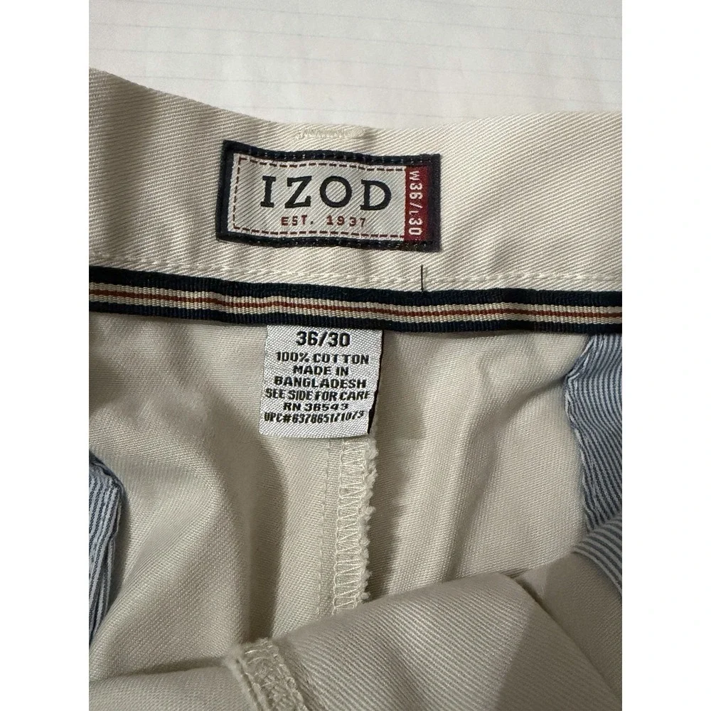 IZOD Mens 36x30 Beige Pleated Chino Comfort Cuffed Straight Leg Work Dress Pants